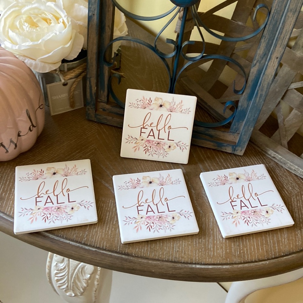 NEW! Shabby Chic Hello Fall Floral Autumn Harvest Ceramic Stoneware Coaster Set - Picture 1 of 10